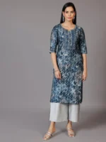 Navy Blue Yoke Design Silk Straight Kurta - Image 2