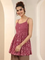 Red Printed Cotton Anarkali Short Kurti - Image 2