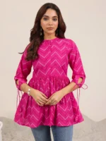 Pink Printed Cotton Anarkali Short Kurti