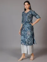 Navy Blue Yoke Design Silk Straight Kurta - Image 3