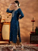 Teal Embroidered Silk Straight Kurta - Image 2