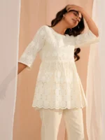 Zoya Off White Embroidered Cotton A-Line Kurti - Image 2
