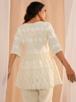 Zoya Off White Embroidered Cotton A-Line Kurti - Image 3