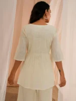 Off White Embroidered Cotton A-Line Kurti - Image 2