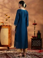 Teal Embroidered Silk Straight Kurta - Image 3