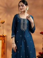 Teal Embroidered Silk Straight Kurta - Image 5