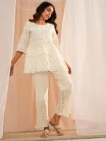 Zoya Off White Embroidered Cotton A-Line Kurti - Image 4