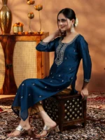 Teal Embroidered Silk Straight Kurta - Image 4