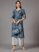 Navy Blue Yoke Design Silk Straight Kurta
