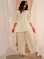 Off White Embroidered Cotton A-Line Kurti - Image 3
