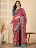 Pink Woven Viscose Saree with Unstitched Blouse