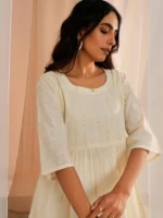 Off White Embroidered Cotton A-Line Kurti - Image 4