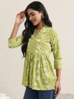 Green Printed Cotton Anarkali Kurti - Image 2