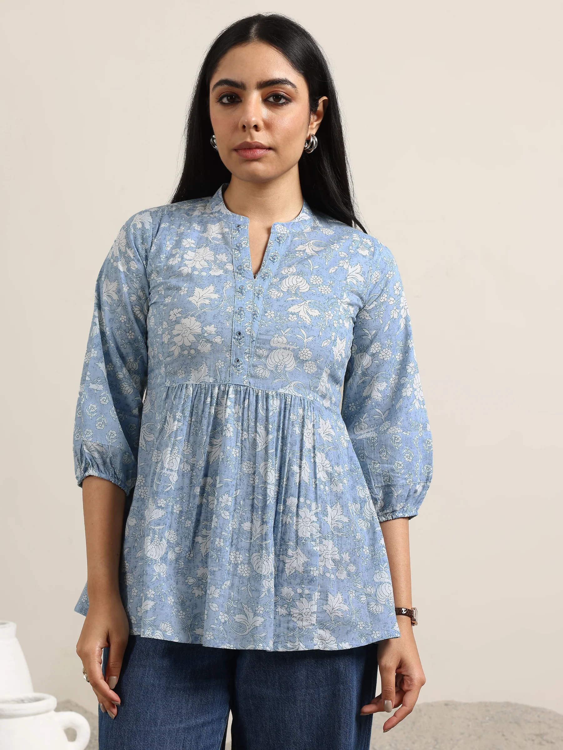 98003O_1_f7cf36a5-770c-4302-8e56-18b67b5ee098.webp Blue Printed Cotton Anarkali Kurti - Image 1