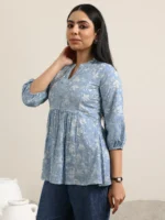 Blue Printed Cotton Anarkali Kurti - Image 2
