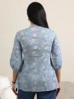 Blue Printed Cotton Anarkali Kurti - Image 3