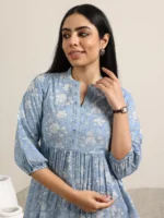 Blue Printed Cotton Anarkali Kurti - Image 4