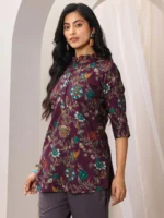 Burgundy Printed Silk Blend Straight Short Kurti - Image 2