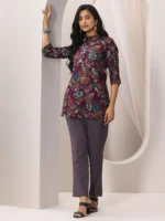 Burgundy Printed Silk Blend Straight Short Kurti - Image 3