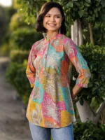Multi Printed Silk Blend Straight Short Kurti