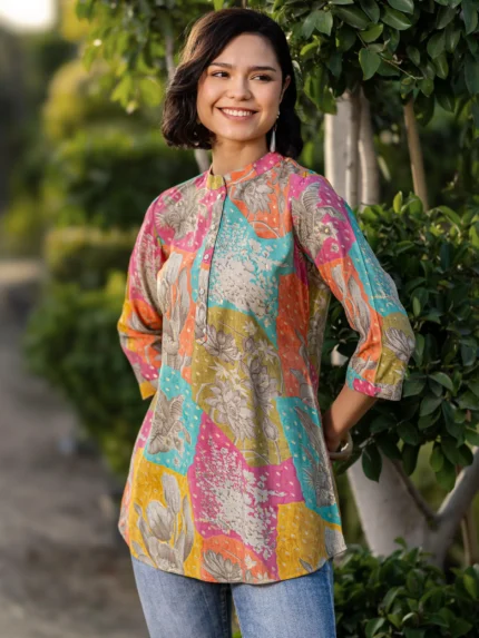 Multi Printed Silk Blend Straight Short Kurti