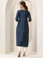 Navy Blue Yoke Design Silk Straight Kurta - Image 3